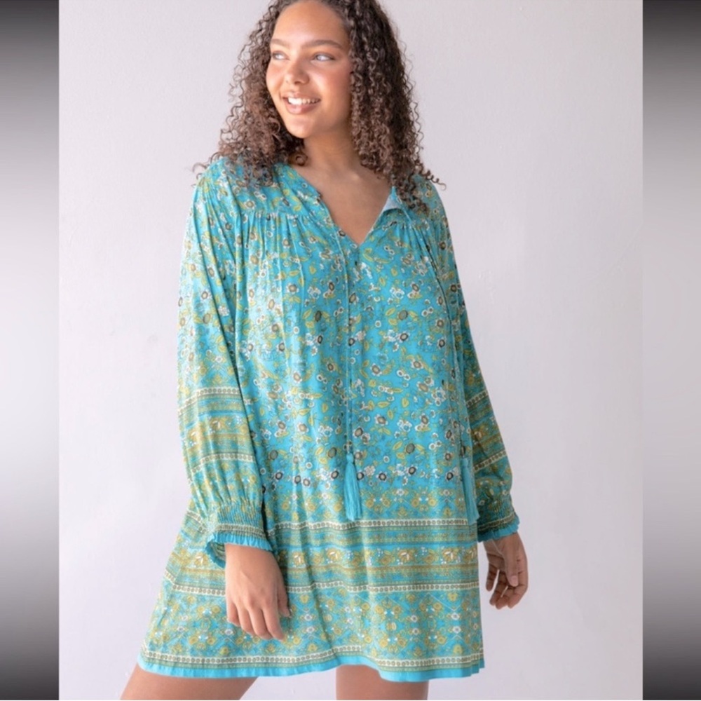 Natural Life Dara V-Neck Mini Dress Large Blue Green Tassels - Picture 8 of 8